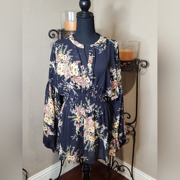 Suzanne Betro Black/Pink Floral Long Sleeve Blouse W/Cinched Waist. Size XL. NWT - Picture 1 of 6